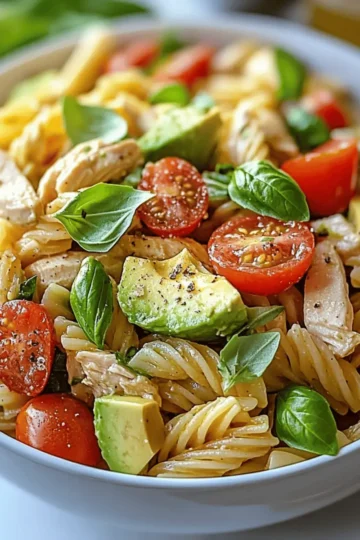 Healthy Chicken Pasta Salad with Avocado, Tomato