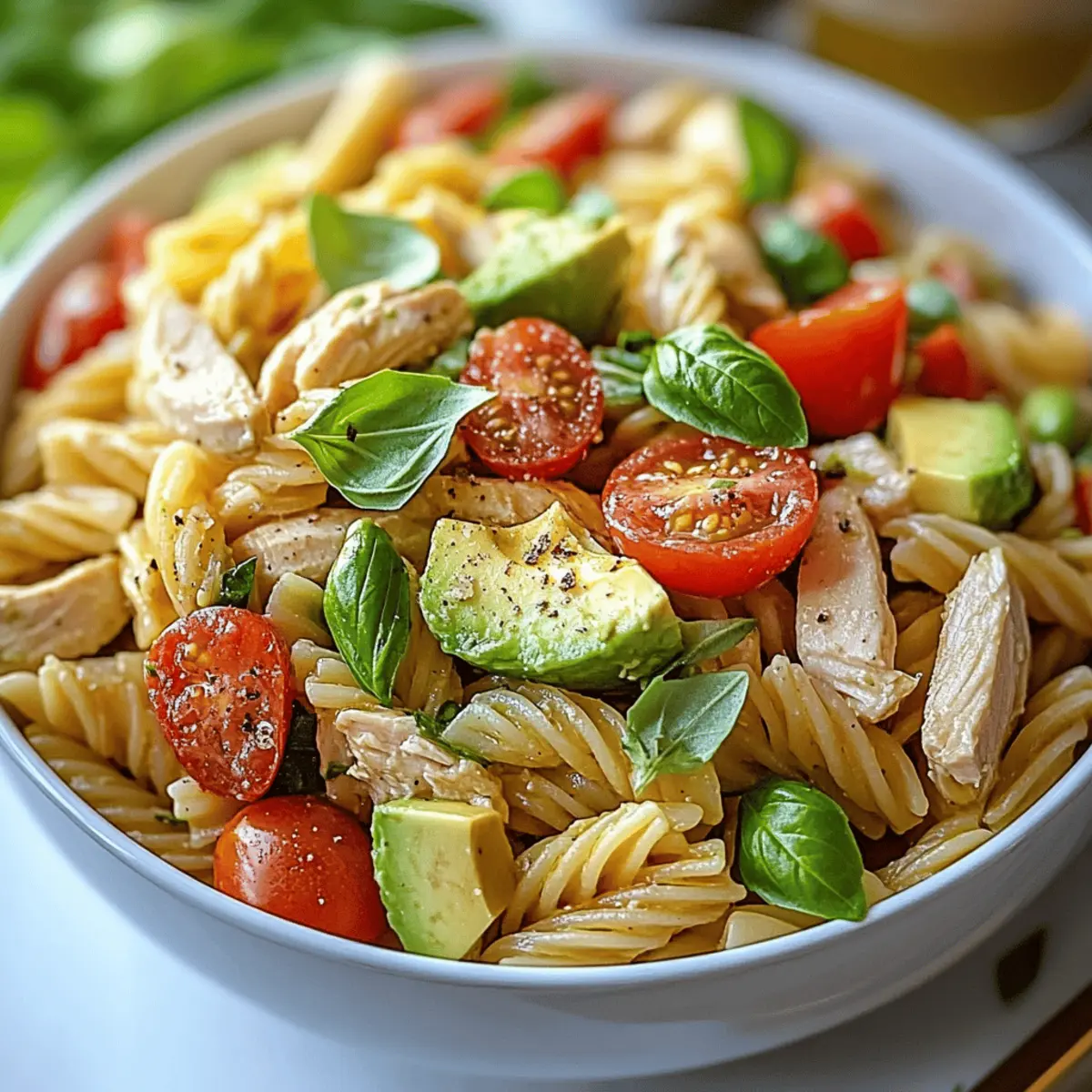 Healthy Chicken Pasta Salad with Avocado, Tomato