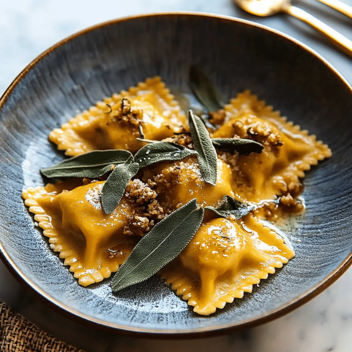 Sage Butter Pumpkin Cheese Ravioli with Crispy Sage and Manchego