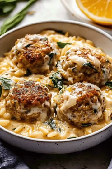 Baked Lemon Rosemary Chicken Meatballs with Creamy Orzo