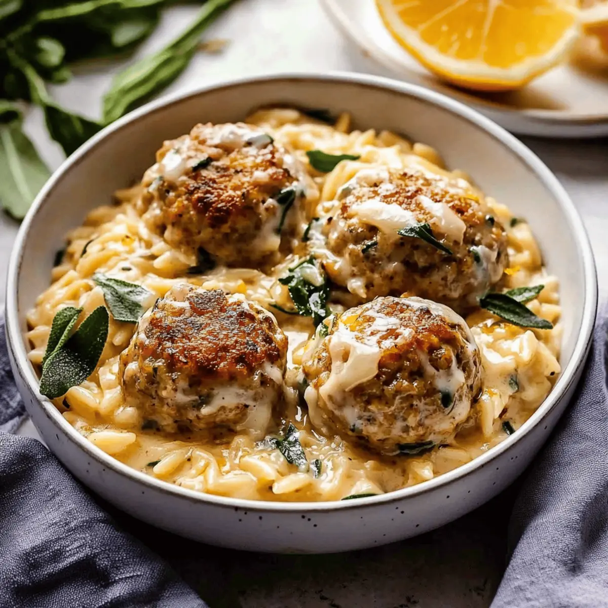 Baked Lemon Rosemary Chicken Meatballs with Creamy Orzo