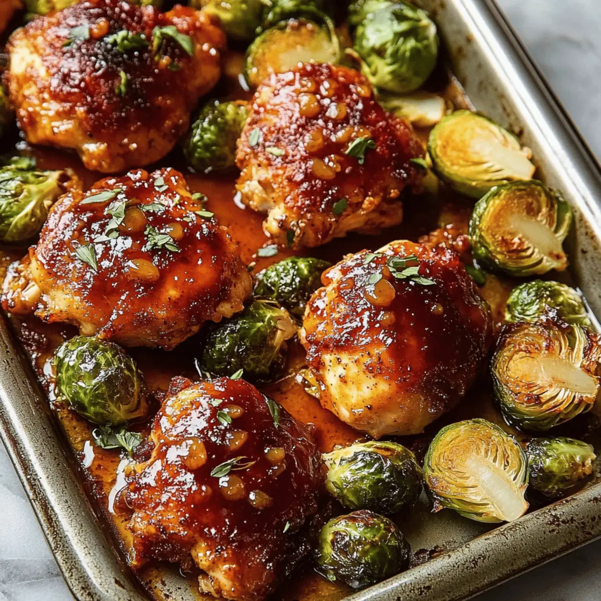 Sheet Pan Hot Honey Mustard Chicken and Crispy Brussels Sprouts