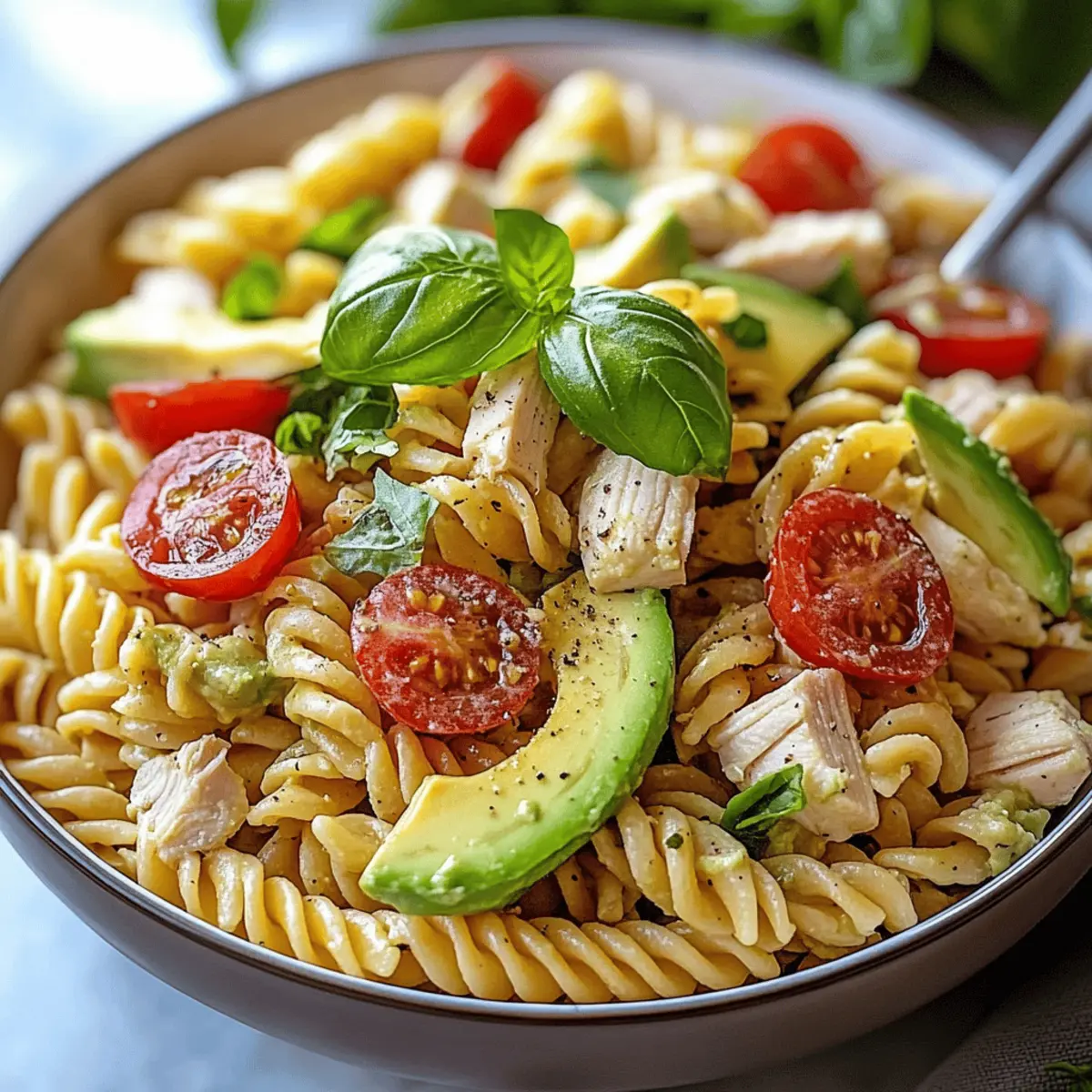Healthy Chicken Pasta Salad with Avocado, Tomato