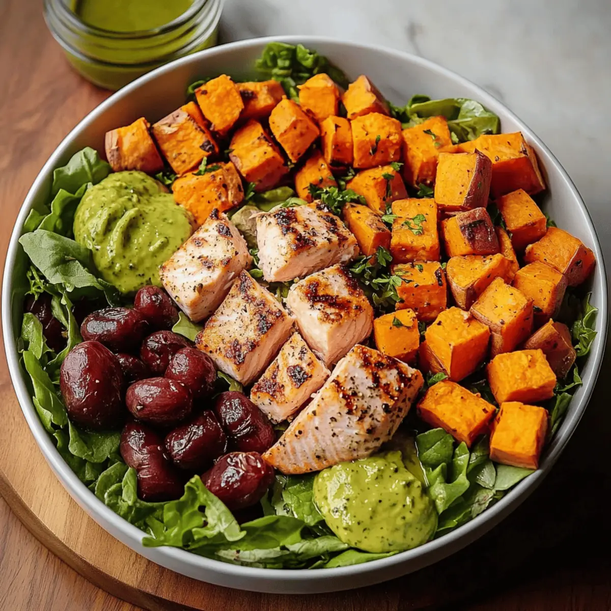 California Cobb Salad with Roasted Sweet Potatoes, Grilled Salmon, and Mustard Herb Vinaigrette