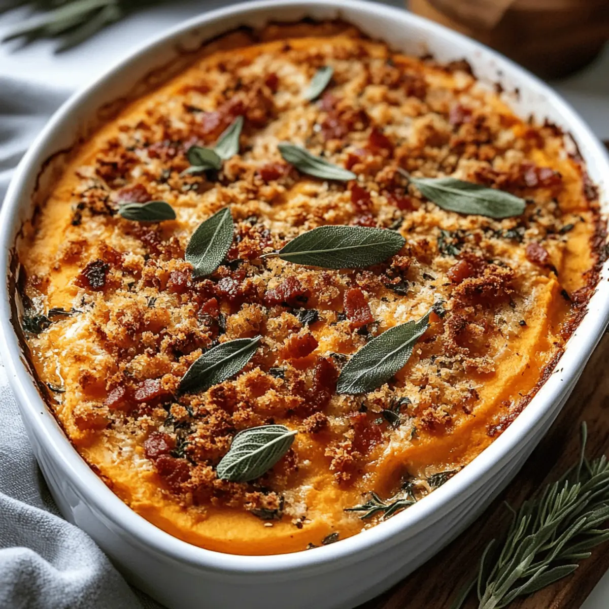 Savoury Sweet Potato Casserole with Crispy Sage and Bacon
