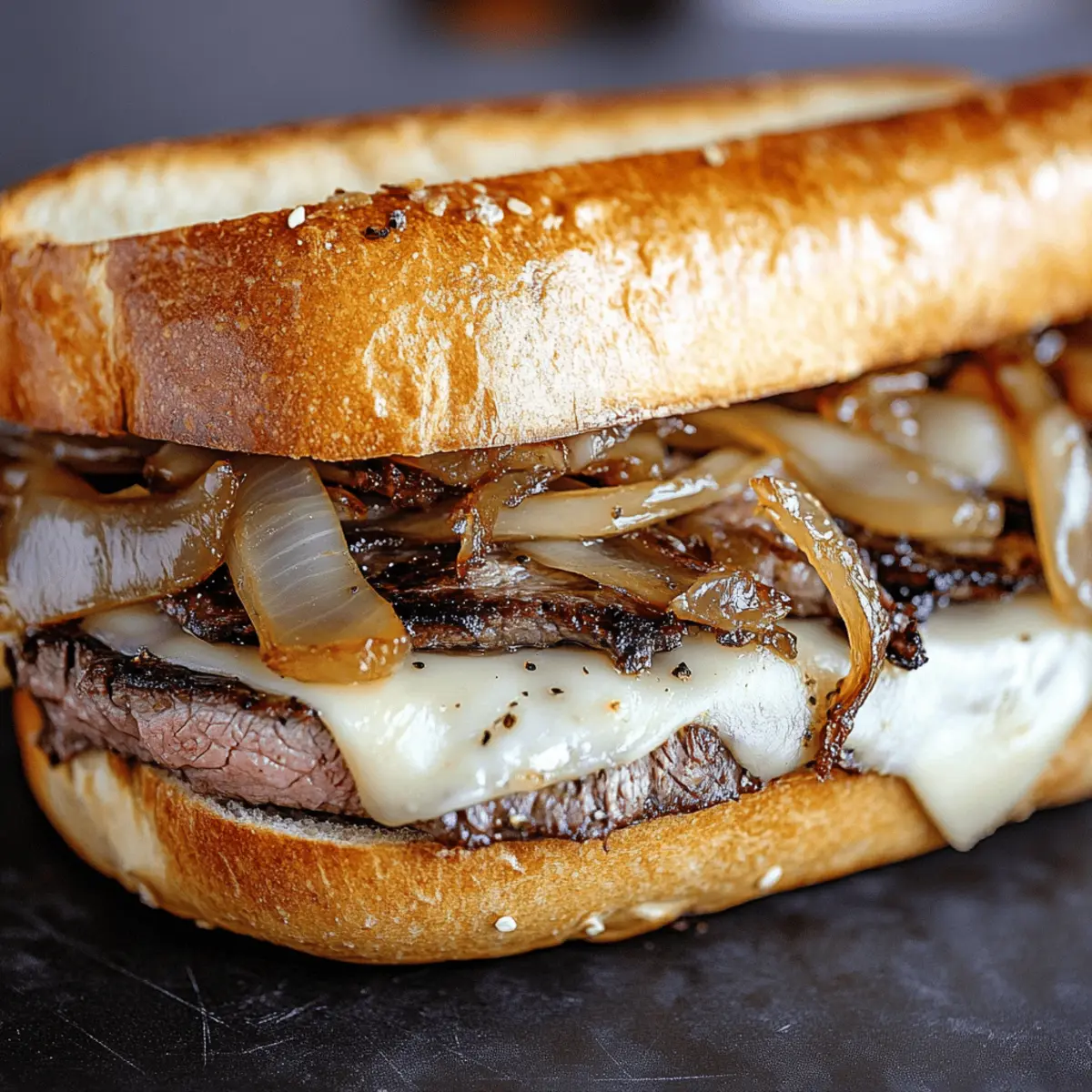 Herb Butter Steak Sandwich with Caramelized Onions and Melted Havarti