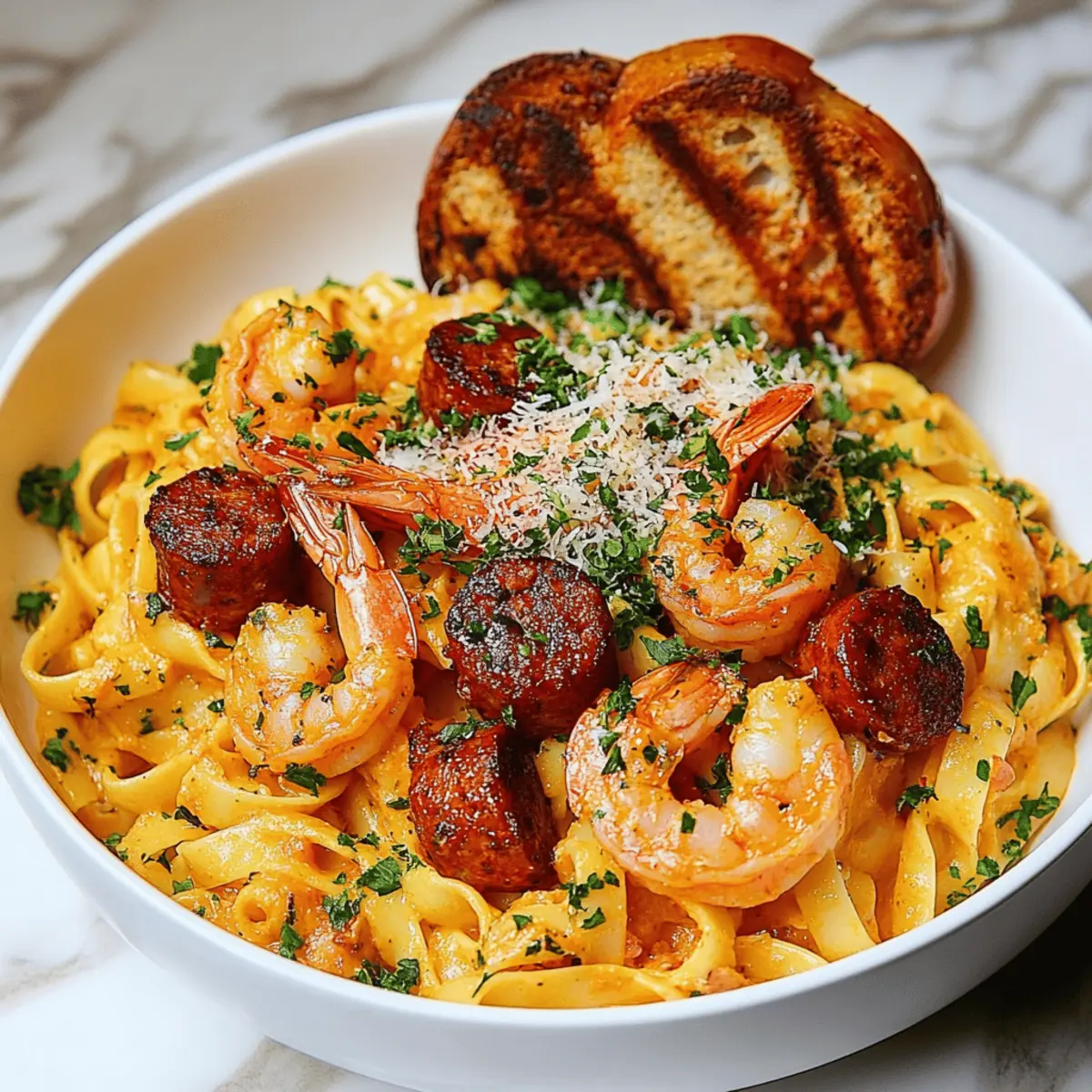 Mardi Gras Pasta with Shrimp, Sausage, and Crawfish
