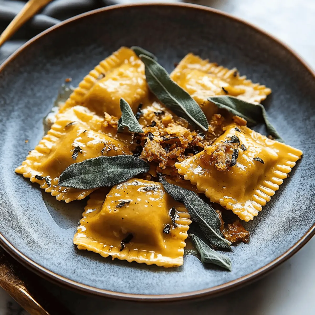 Sage Butter Pumpkin Cheese Ravioli with Crispy Sage and Manchego