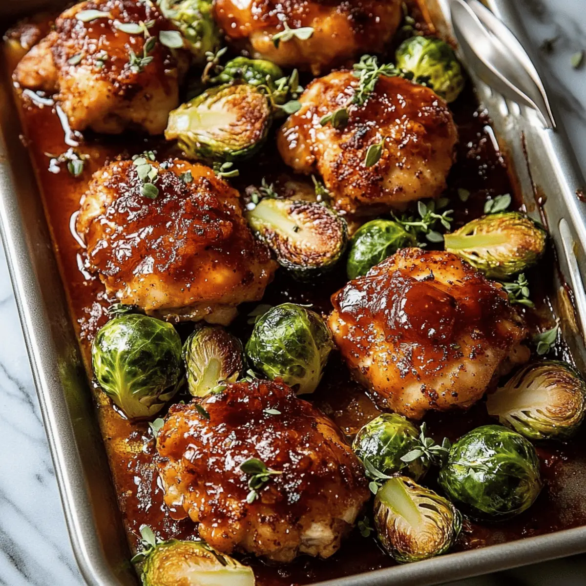 Sheet Pan Hot Honey Mustard Chicken and Crispy Brussels Sprouts